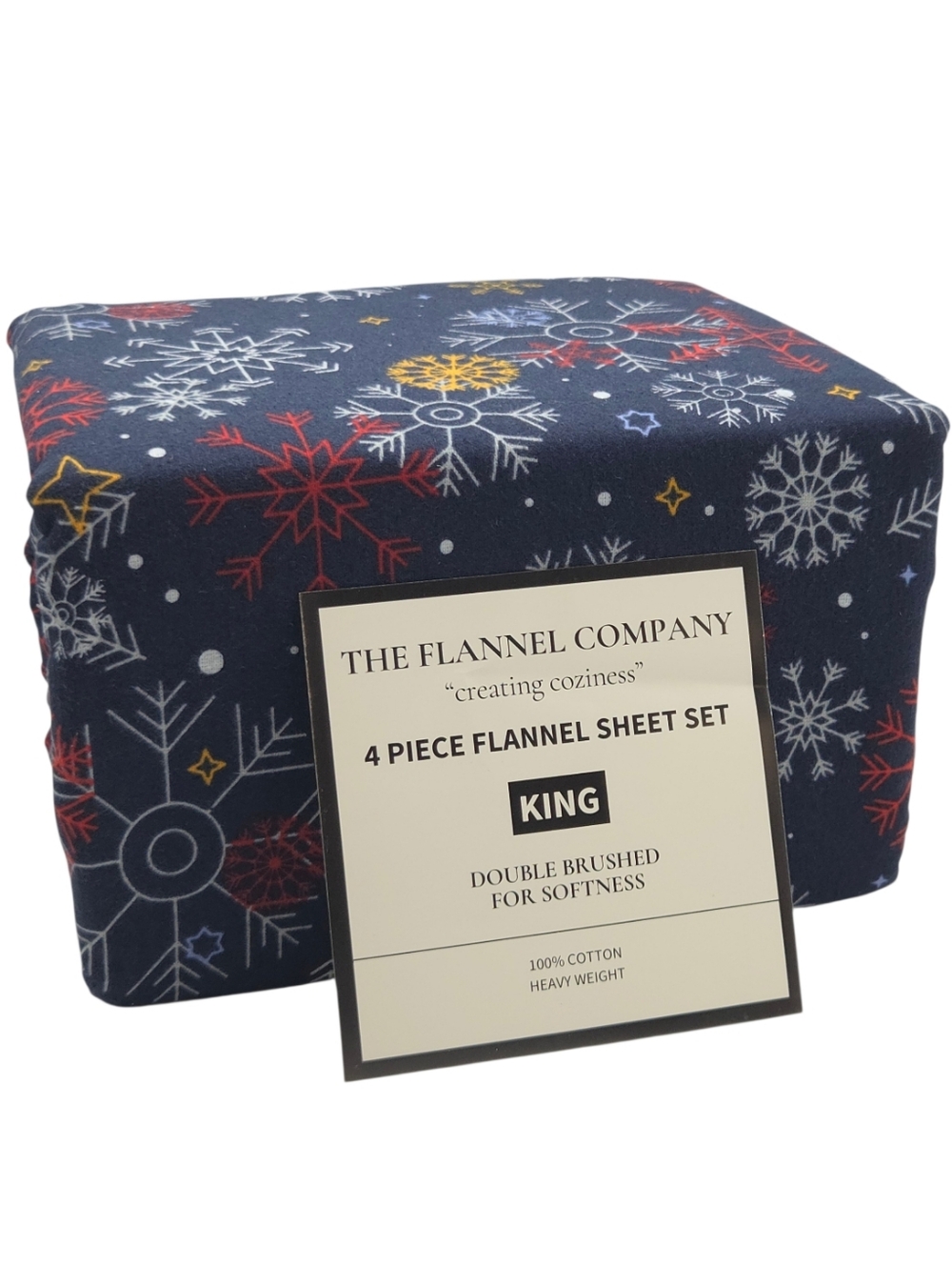 King Size Winter Cozy Cotton Flannel Sheet Set Snowflakes Printed Heavy Weight